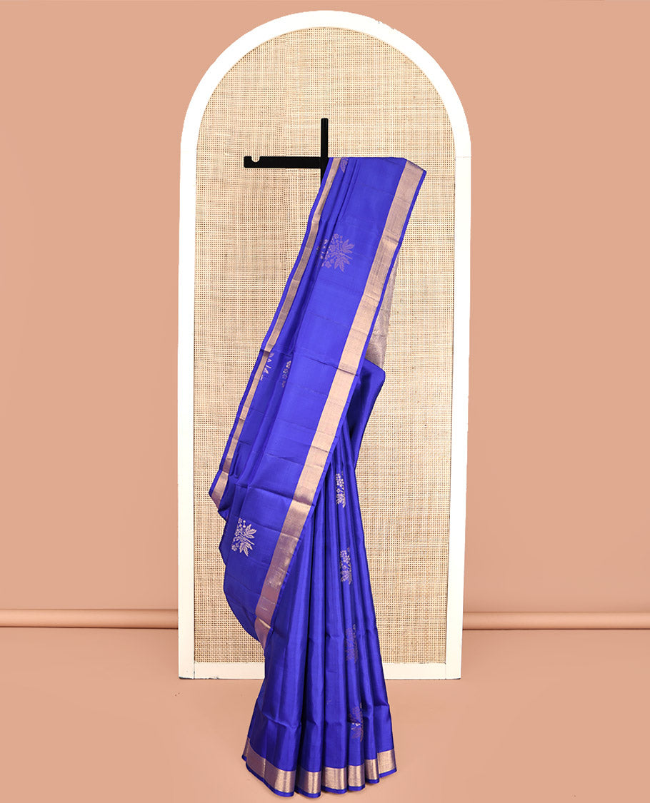 Blue Mayuri Lite Silk Mix Saree, Woven with Zari Buttas, Highlighted by Zari Bavanji Border, Pallu of Floral Jaal Design, and a Contrast Blouse