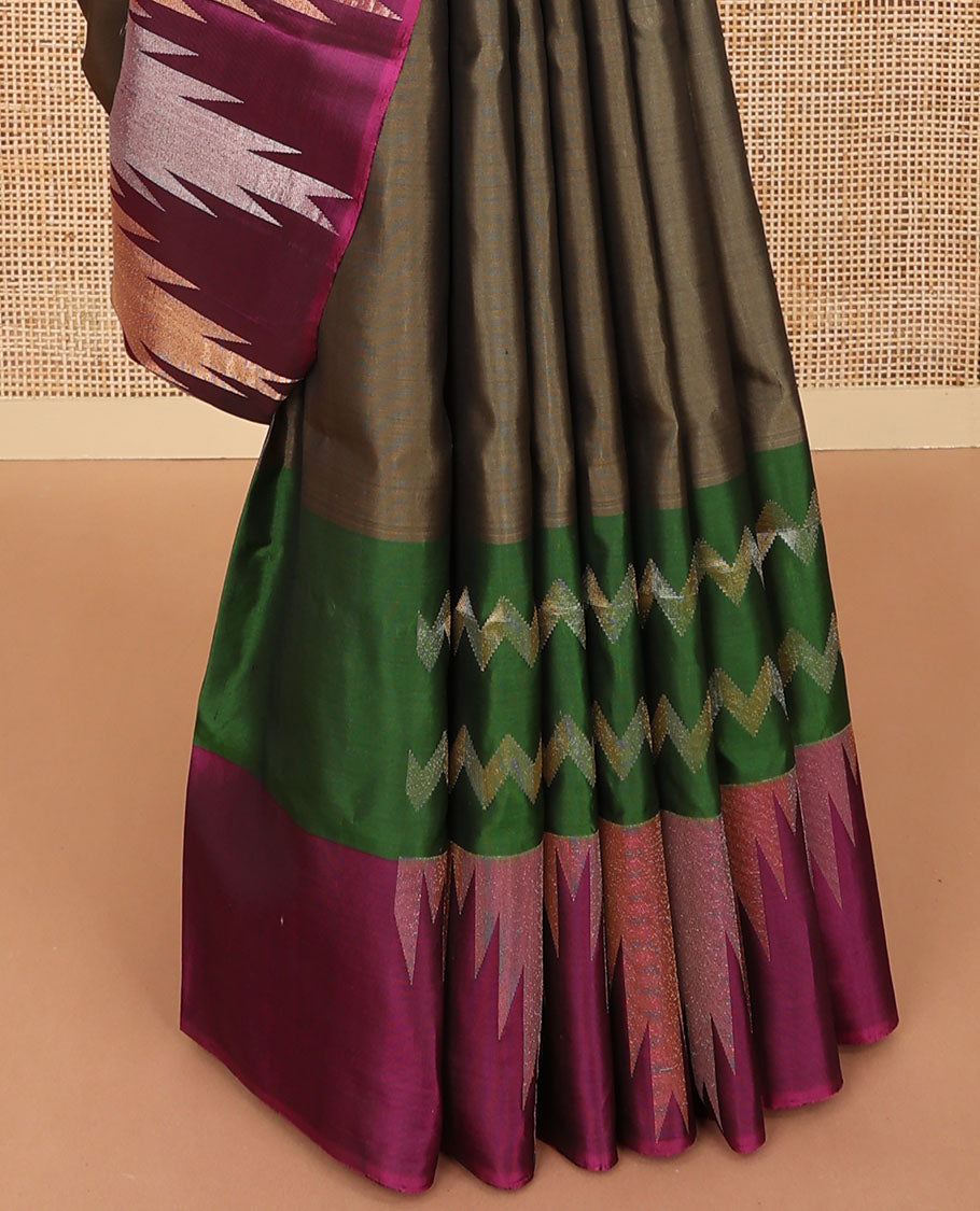 Green mayuri soft silk saree with contrast temple border & striped pallu