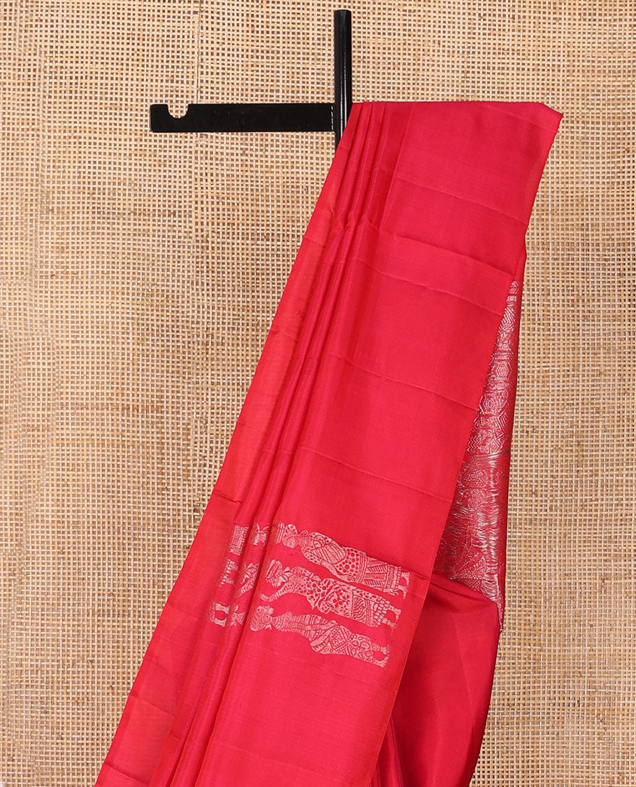 Borderless red human figurines woven soft silk saree, self-pallu of geometric & human motifs in zari