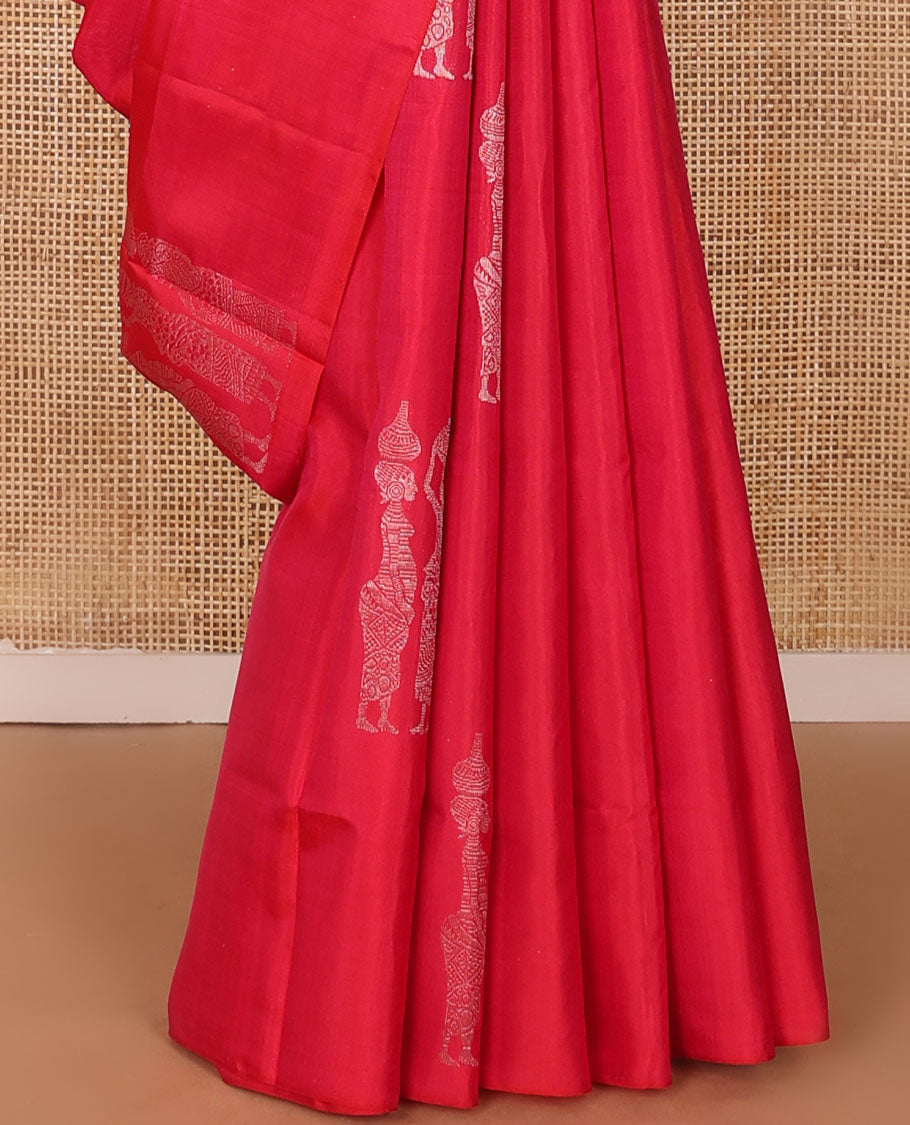 Borderless red human figurines woven soft silk saree, self-pallu of geometric & human motifs in zari