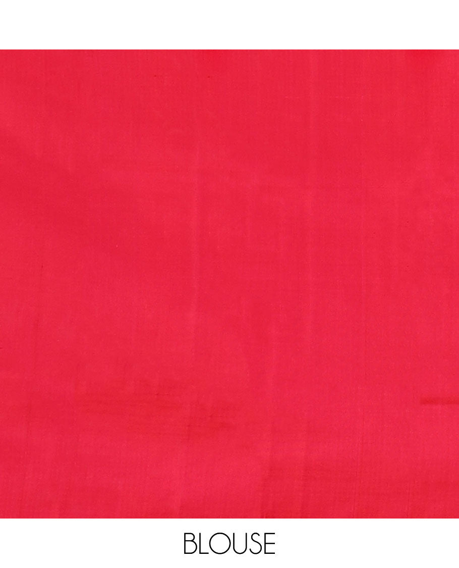 Borderless red human figurines woven soft silk saree, self-pallu of geometric & human motifs in zari