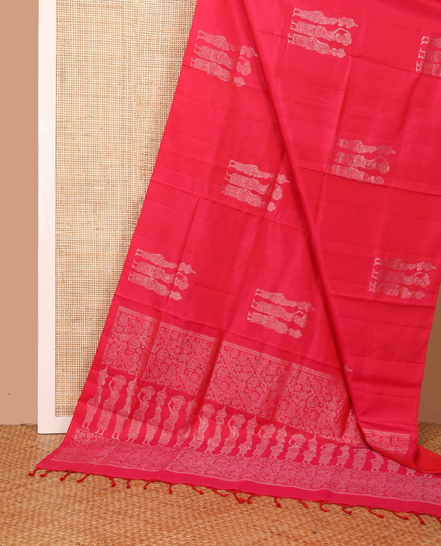 Borderless red human figurines woven soft silk saree, self-pallu of geometric & human motifs in zari