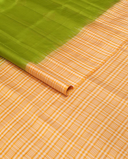 Parrot green zari designs soft silk saree, contrast border & pallu of checked design
