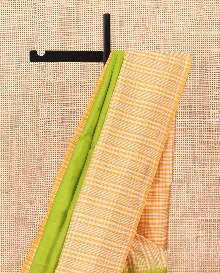 Parrot green zari designs soft silk saree, contrast border & pallu of checked design