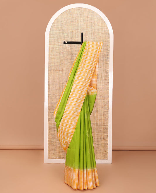 Parrot green zari designs soft silk saree, contrast border & pallu of checked design