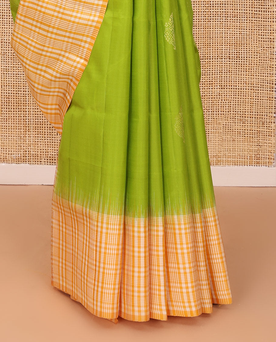 Parrot green zari designs soft silk saree, contrast border & pallu of checked design