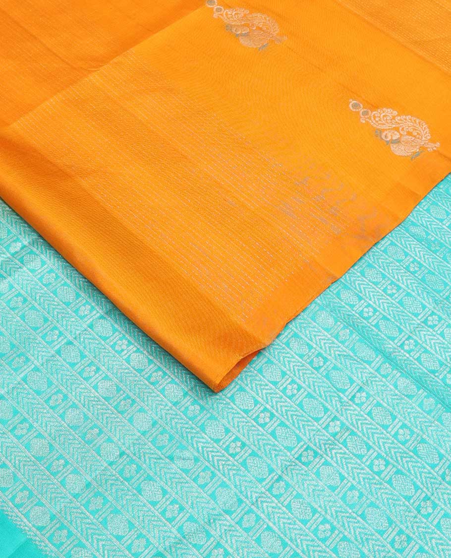 Borderless yellow stripes and mayil buttas soft silk saree, contrast pallu steeped with traditional motifs