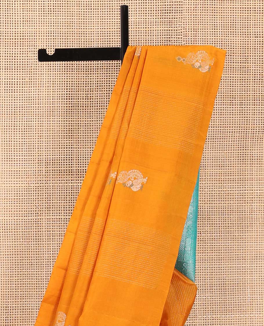 Borderless yellow stripes and mayil buttas soft silk saree, contrast pallu steeped with traditional motifs