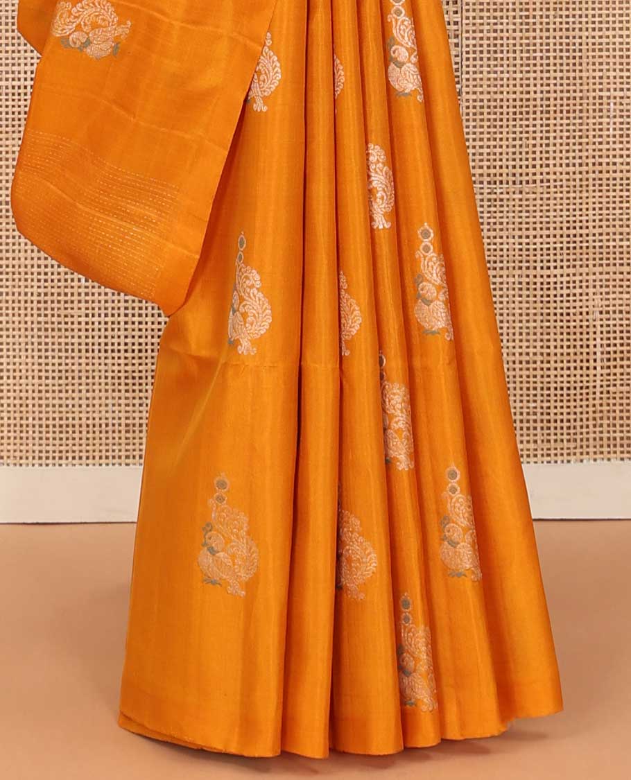 Borderless yellow stripes and mayil buttas soft silk saree, contrast pallu steeped with traditional motifs