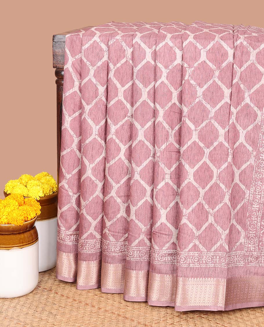 Onion pink printed dola silk saree with zari border & printed pallu along with printed blouse