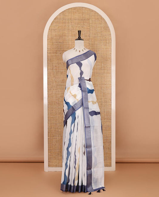 White-blue shibori printed linen saree, silver zari border, shibori printed pallu & contrast shibori printed blouse