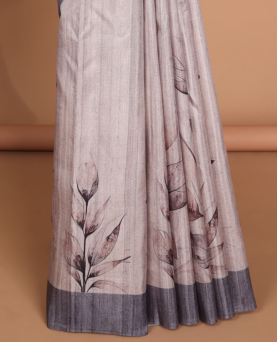 Cream with blue leaf digital printed design semi-tussar saree with contrast border & printed pallu, tussles along with contrast plain blouse