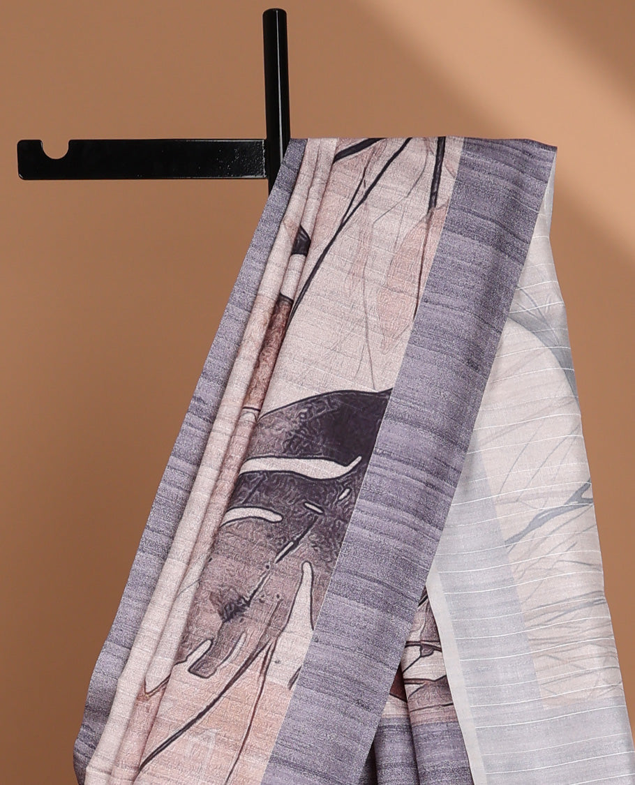 Cream with blue leaf digital printed design semi-tussar saree with contrast border & printed pallu, tussles along with contrast plain blouse