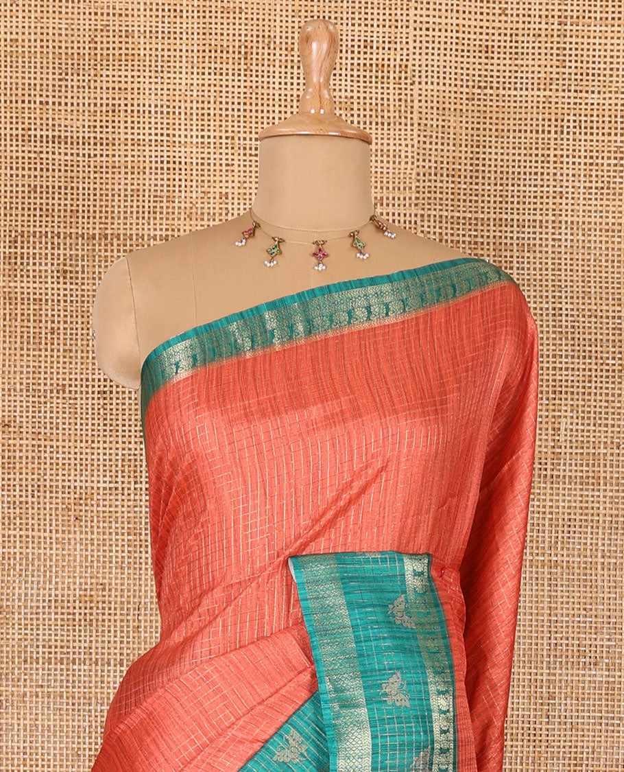 Orange gold zari checked katan silk saree with contrast traditional zari border of butterfly print, floral vine printed pallu, and a contrast printed blouse