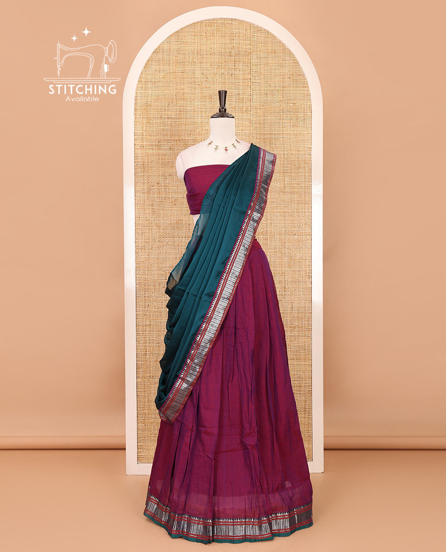 Magenta mercerized cotton half-saree, plain & contrast traditional temple border skirt, matching blouse & contrast temple zari border vichitra silk dhavani