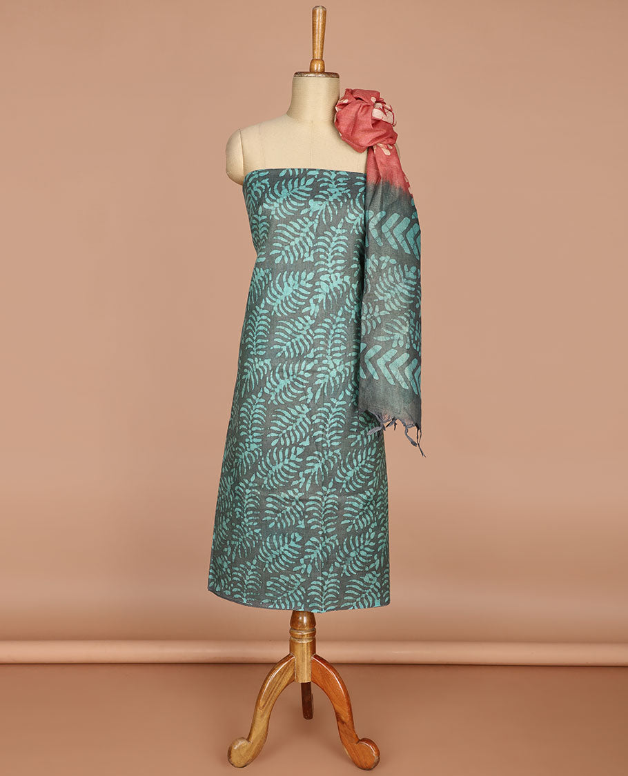 Grey with pista color batik leaf design print bhagalpur cotton chudidhar material top with batik print cotton pants & batik leaf design print mul mul dupatta