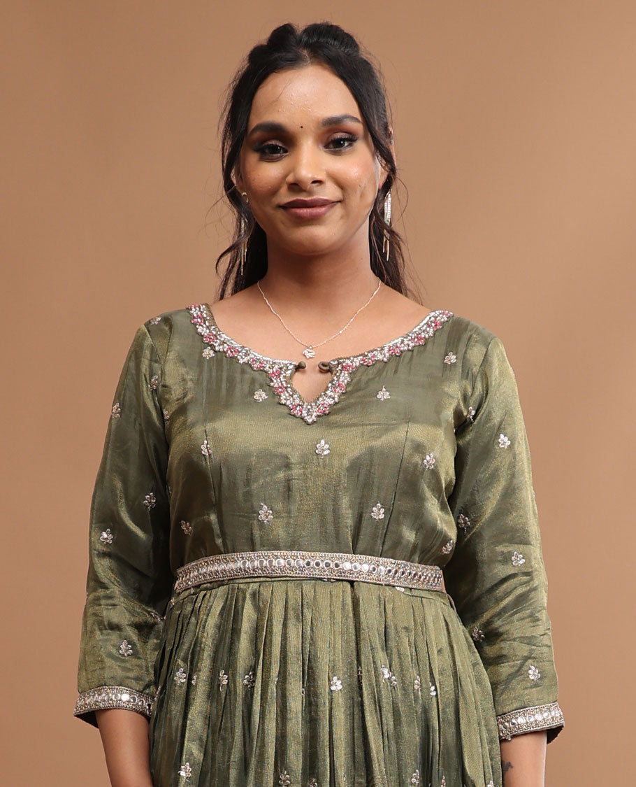olive green floral embroidered round neck, 3/4 th sleeve, floor length top & floral embroidered dupatta