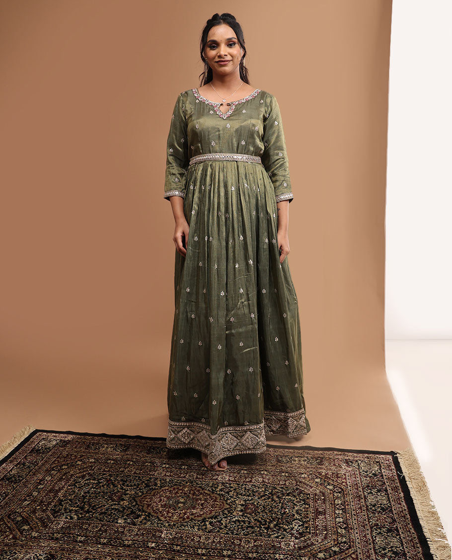 olive green floral embroidered round neck, 3/4 th sleeve, floor length top & floral embroidered dupatta