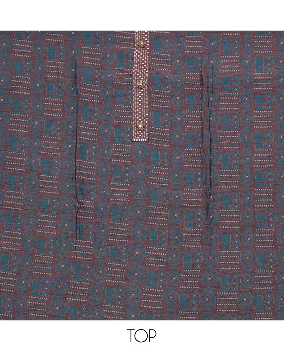 Blue and brown combo material chudidar set, geometric patterned cotton top, contrast plain bottom and plain lace border dupatta