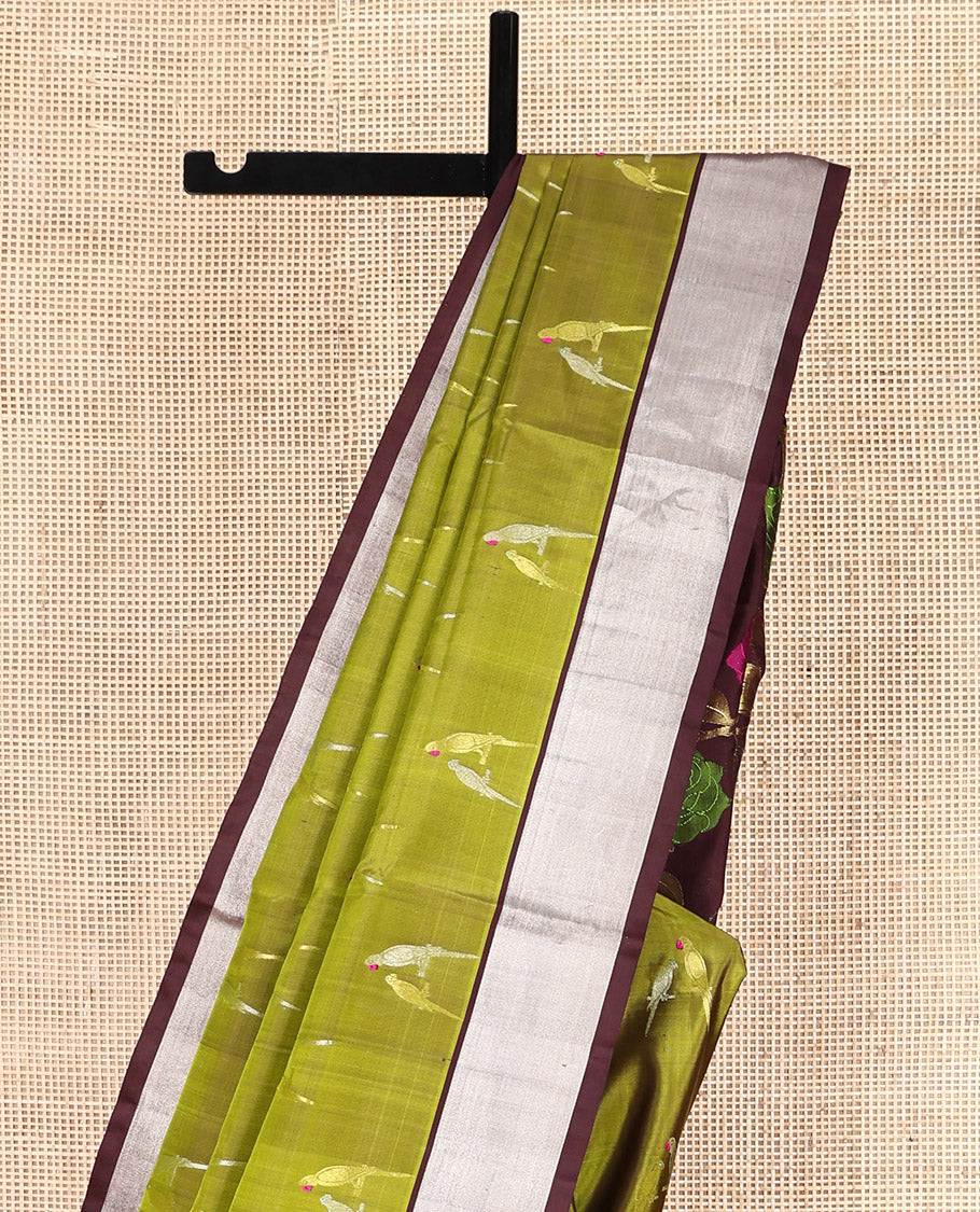 Green Venkatagiri Silk Saree, Mesmerized with Parrot Green All Over Its Body, Complemented by a Contrast Zari Border, Pallu Artfully Detailed with Rose Meenakari Designs, and Paired with a Matching Blouse