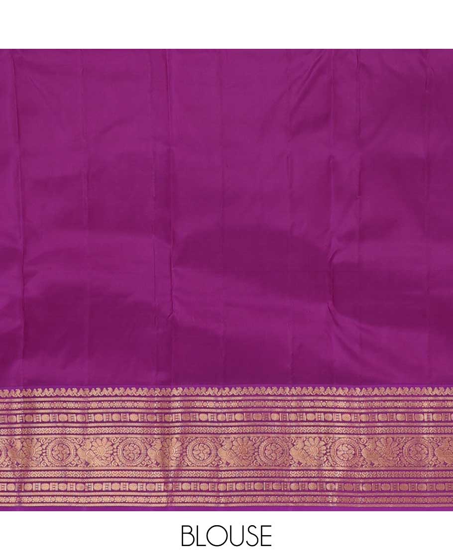 Green zari buttas silk saree, contrast border of thilakam manga mokku, rudraksham,cross neli, and annam chakram, and jaal pallu