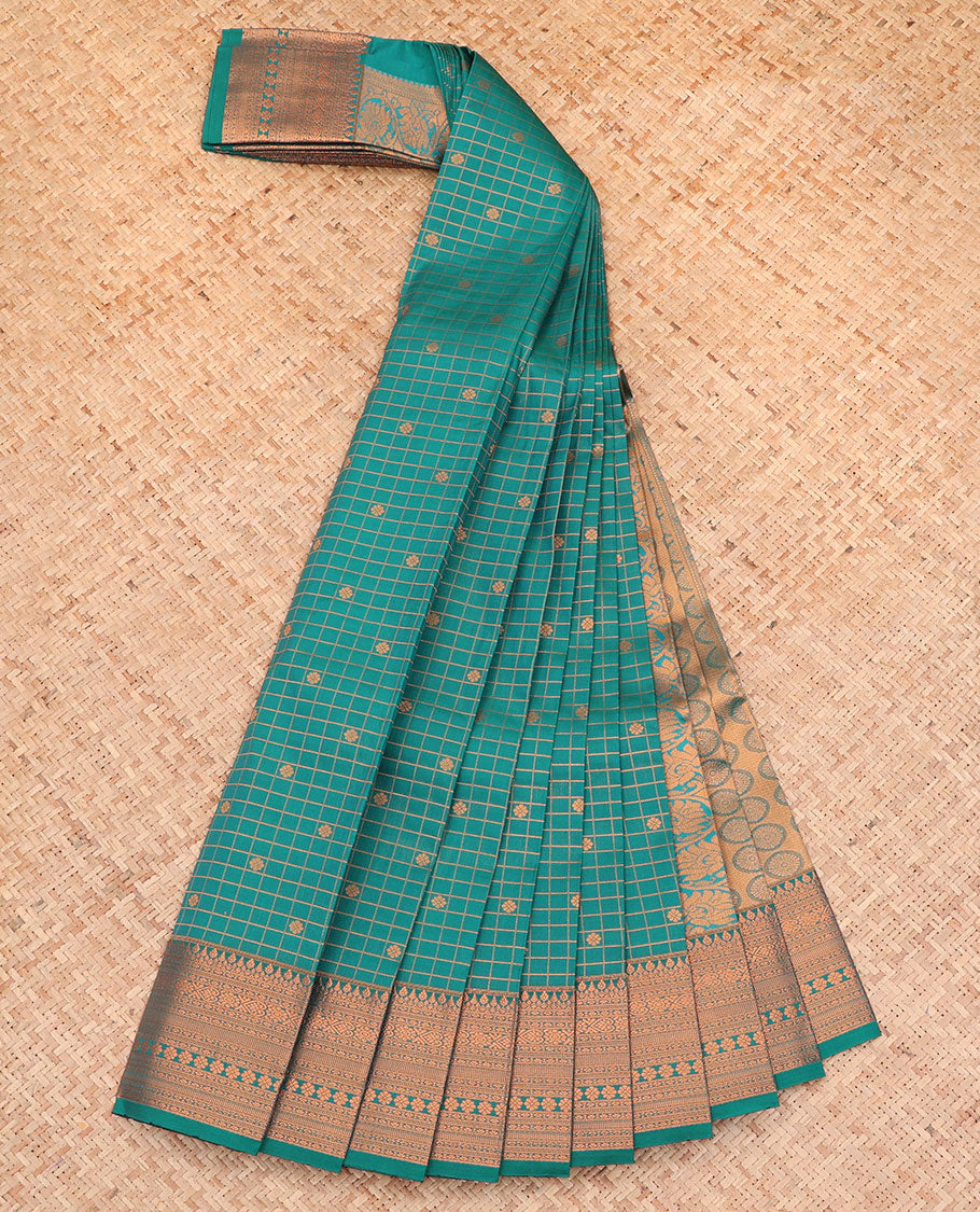 Green Budget Silk Saree, Gleamed Up with Zari Buttas and Checks All Over Its Body, Highlighted by a Traditional Zari Design Border, Grand Pallu, and Paired with a Matching Blouse