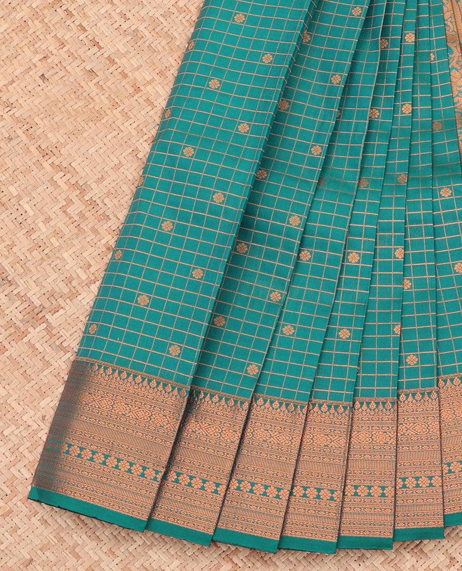 Green Budget Silk Saree, Gleamed Up with Zari Buttas and Checks All Over Its Body, Highlighted by a Traditional Zari Design Border, Grand Pallu, and Paired with a Matching Blouse