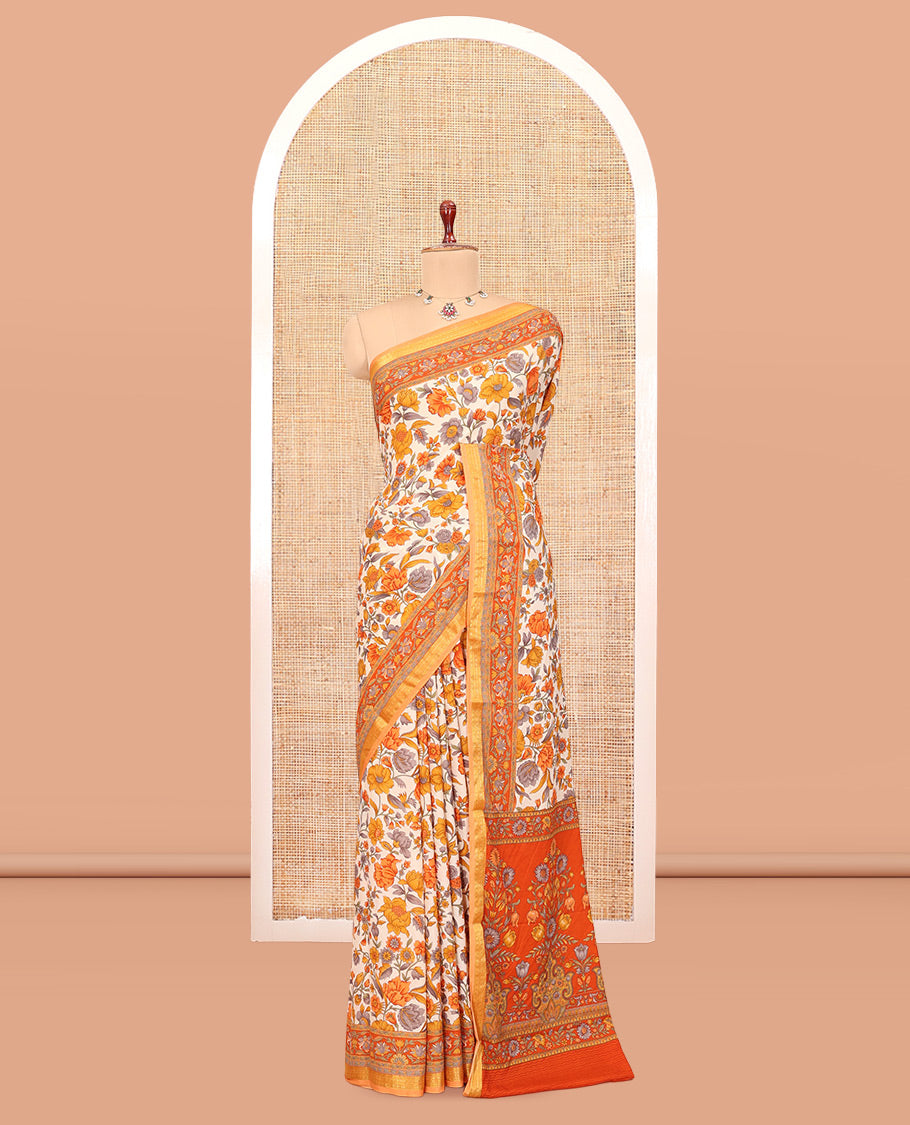 Cream-Base Printed Silk Saree Featuring Floral Vine Print, a Contrast Floral Printed Zari Border, Printed Pallu, and a Contrast Blouse