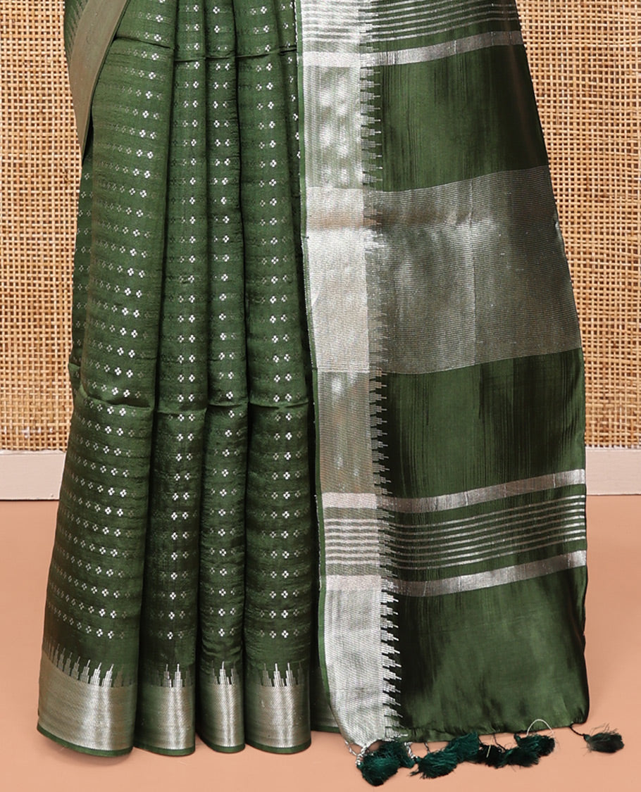 Green Banana Pith Saree, Lightly Embellished with Buttas All Over Its Body, Highlighted by a Zari Temple Border, Gleaming Zari Striped Pallu, and Paired with a Matching Blouse