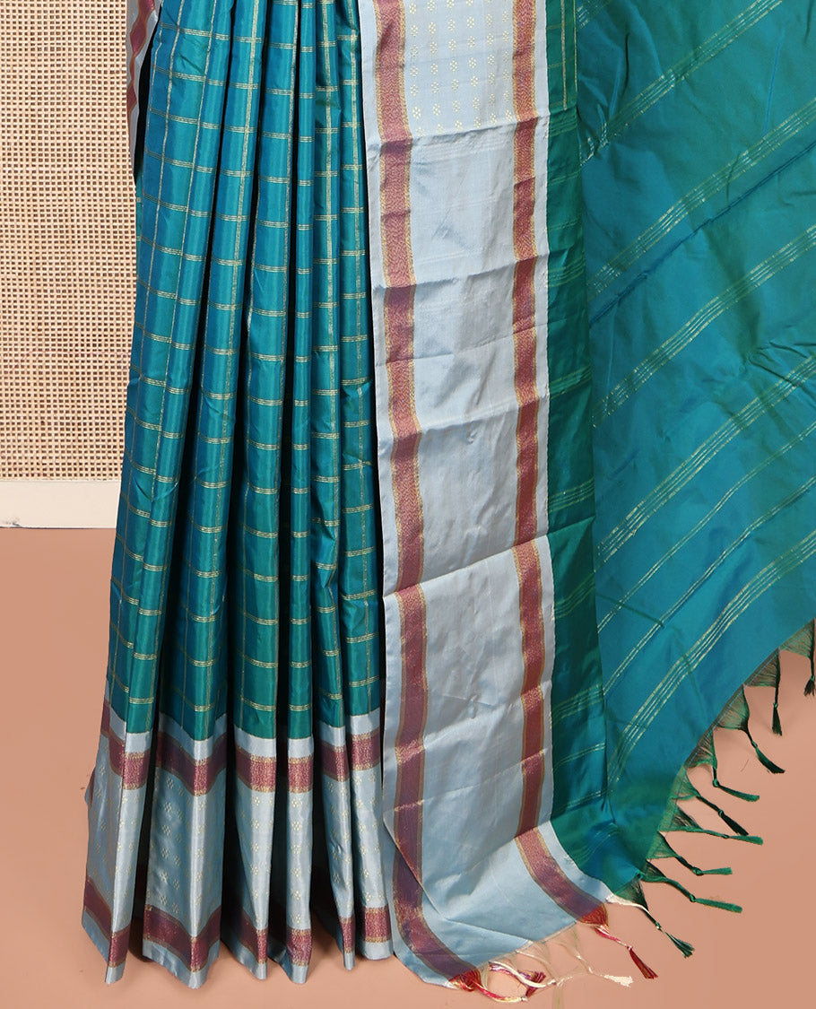 Green Aarani Gift Saree, Mesmerized with Checks on Its Body, Complemented by a Contrast Border, a Pallu of Stripes, and Paired with a Matching Blouse