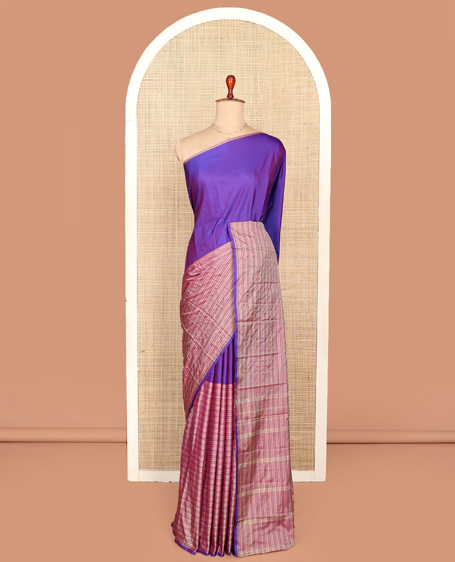 Borderless Violet and Pink Aarani Silk Saree, Adorned with Plain and Muthu Stripes All Over Its Body, Complemented by a Pallu of Stripes, and Paired with a Matching Blouse