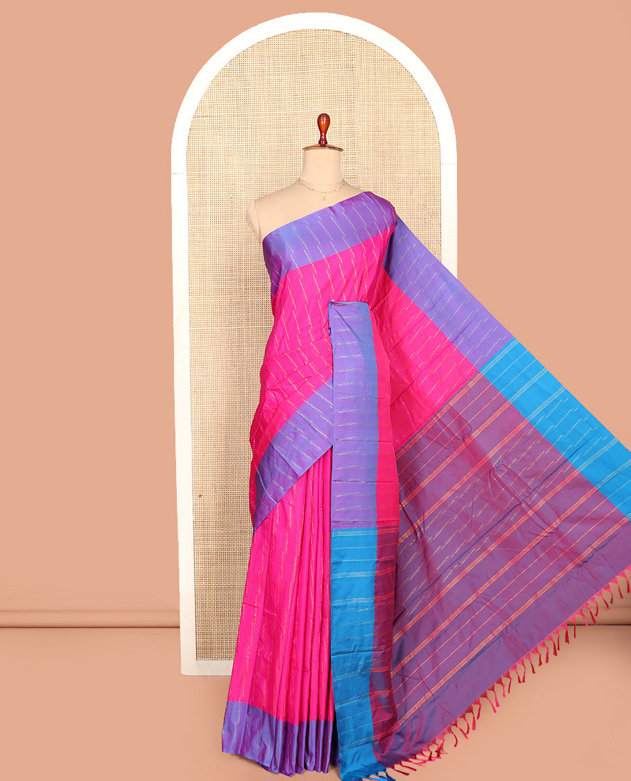 Pink Aarani Silk Saree, Accentuated with Zari Stripes All Over Its Body, Complemented by a Contrast Zari Striped Border, Pallu of Zari Stripes, and Paired with a Contrast Blouse