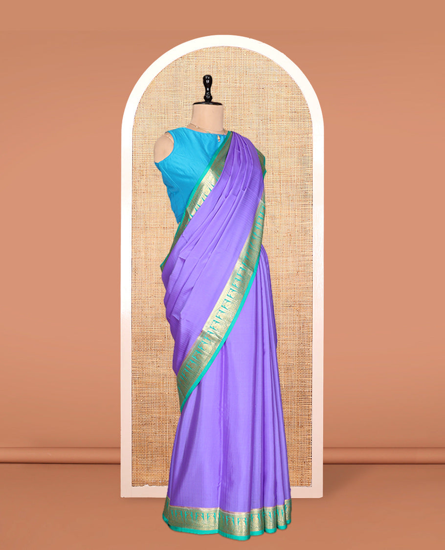 Lavender Plain Mysore Silk Saree, Complemented by a Contrast Two-Headed Bird Motifs Woven Zari Border, Intricate Pallu, and a Contrast Blouse