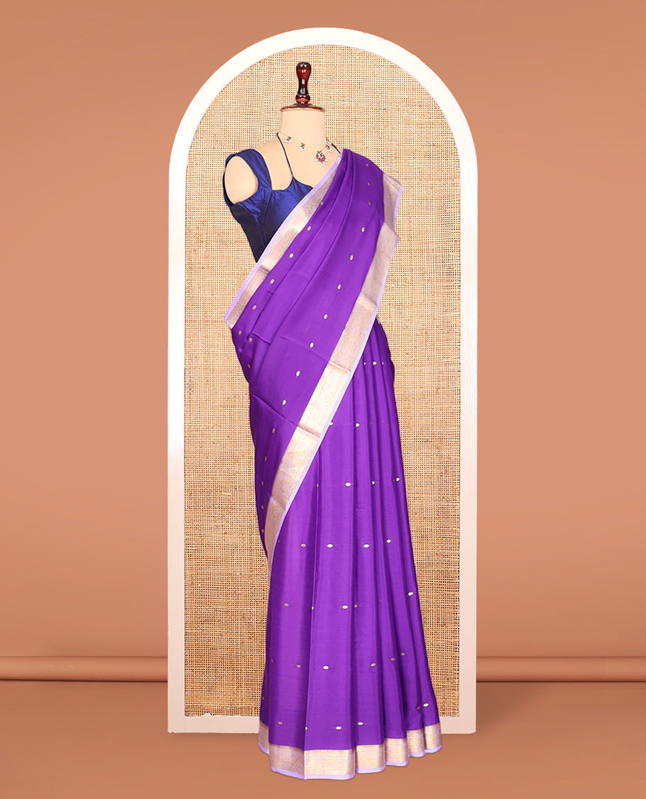 Violet Zari Buttas Mysore Silk Saree, Complemented by a Contrast Traditional Zari Border, Zari Design Pallu, and a Contrast Blouse