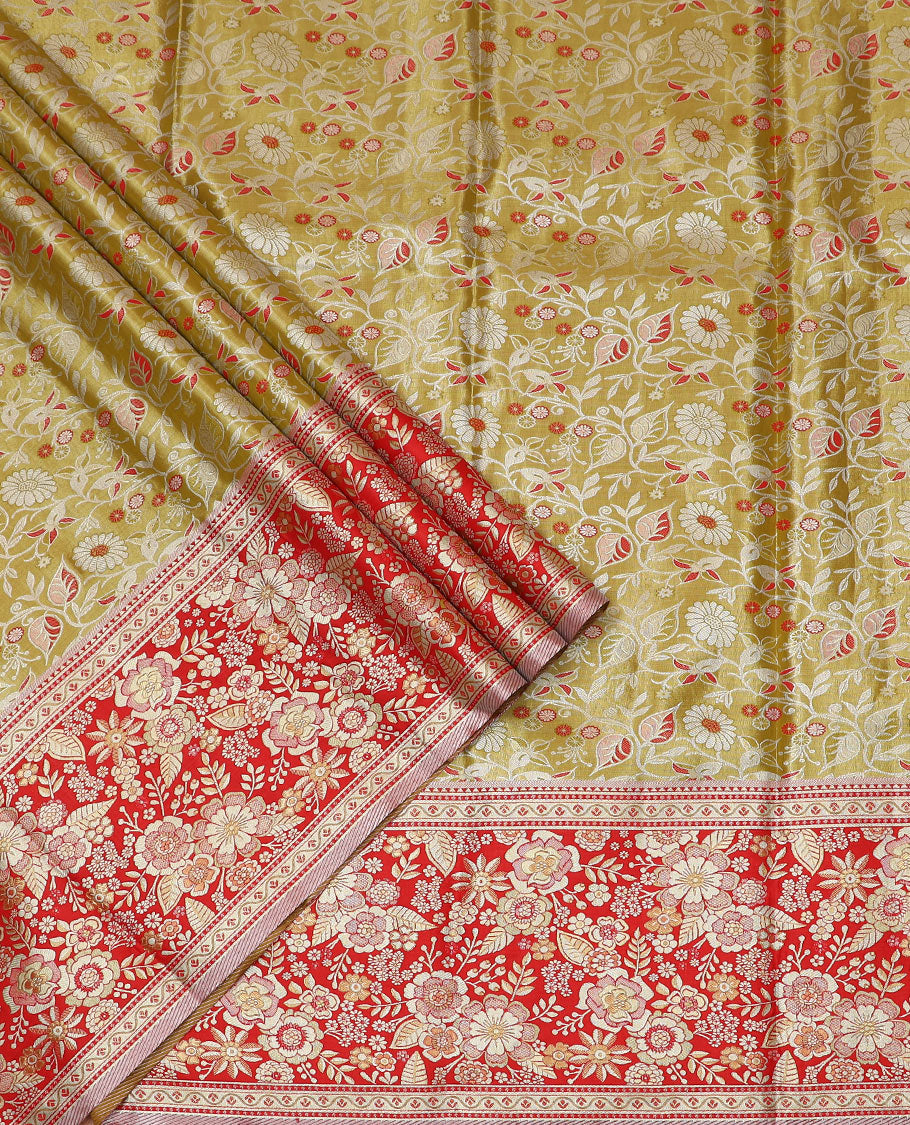 Green Art Silk Half-Saree, Majestically Detailed with Jacquard Design on Its Skirt, Complemented by a Contrast Floral Zari Border, Paired with a Contrast Jacquard Blouse, and Featuring a Dhavani Adorned with Chakram Design