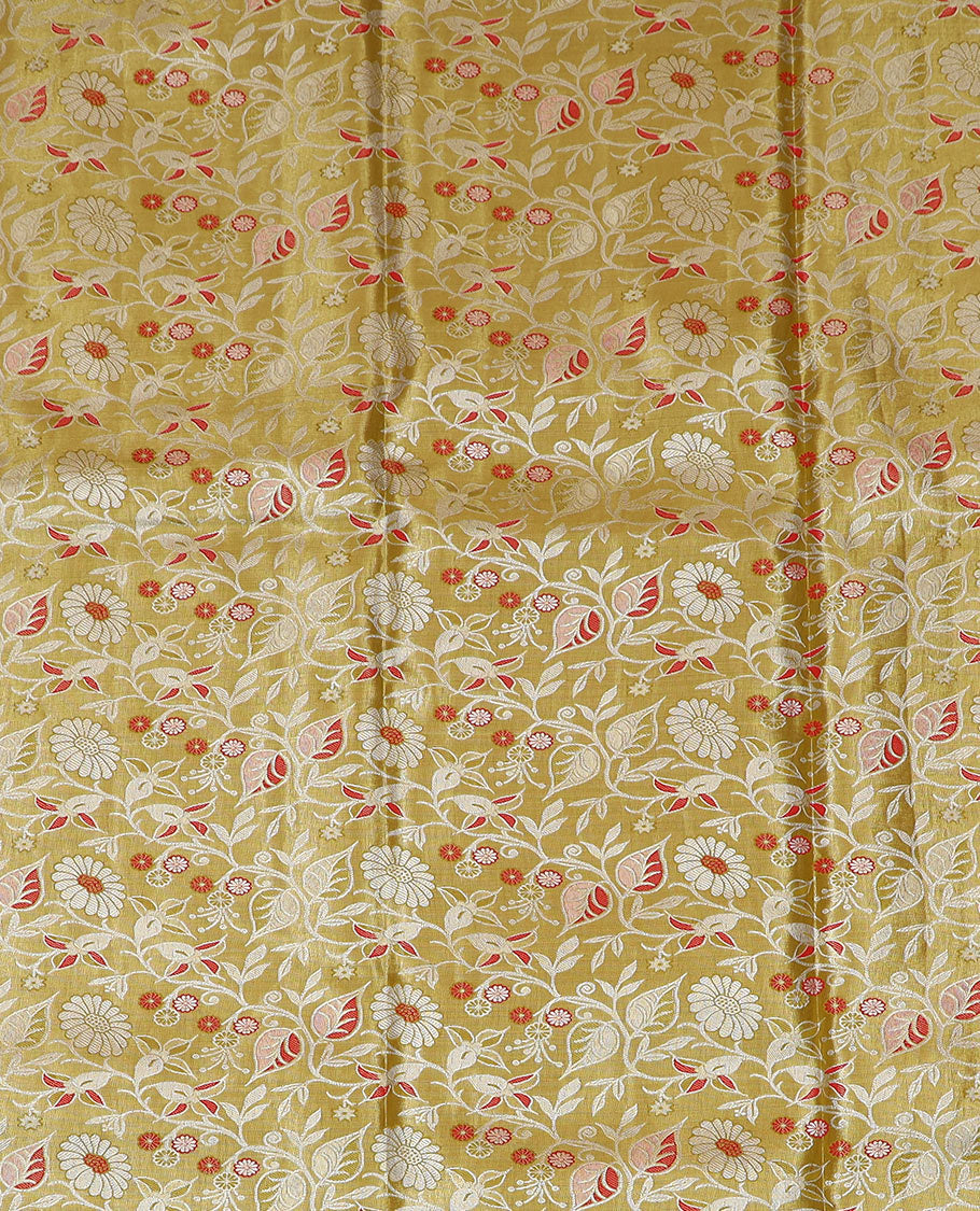 Green Art Silk Half-Saree, Majestically Detailed with Jacquard Design on Its Skirt, Complemented by a Contrast Floral Zari Border, Paired with a Contrast Jacquard Blouse, and Featuring a Dhavani Adorned with Chakram Design