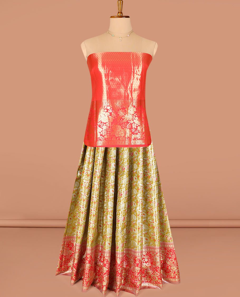 Green Art Silk Half-Saree, Majestically Detailed with Jacquard Design on Its Skirt, Complemented by a Contrast Floral Zari Border, Paired with a Contrast Jacquard Blouse, and Featuring a Dhavani Adorned with Chakram Design