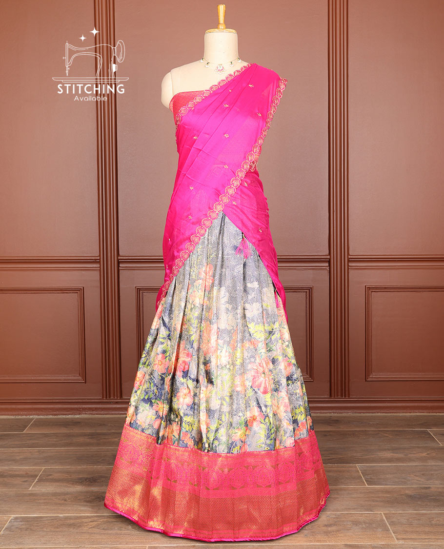 Multi-color motifs half saree with geometric design border, zari design blouse & floral embroidery scallop border dhavani
