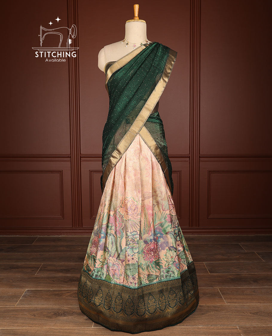 Baby pink floral design half saree with contrast zari design border, floral design blouse & intricate floral design dhavani