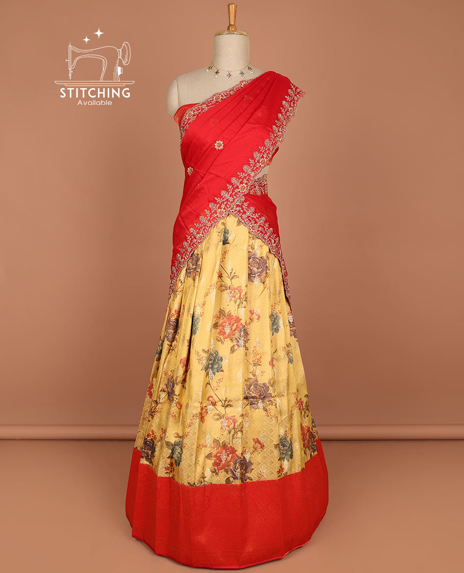 Yellow floral vine design half saree with contrast zari design border, zari design blouse & floral embroidery scallop border dhavani
