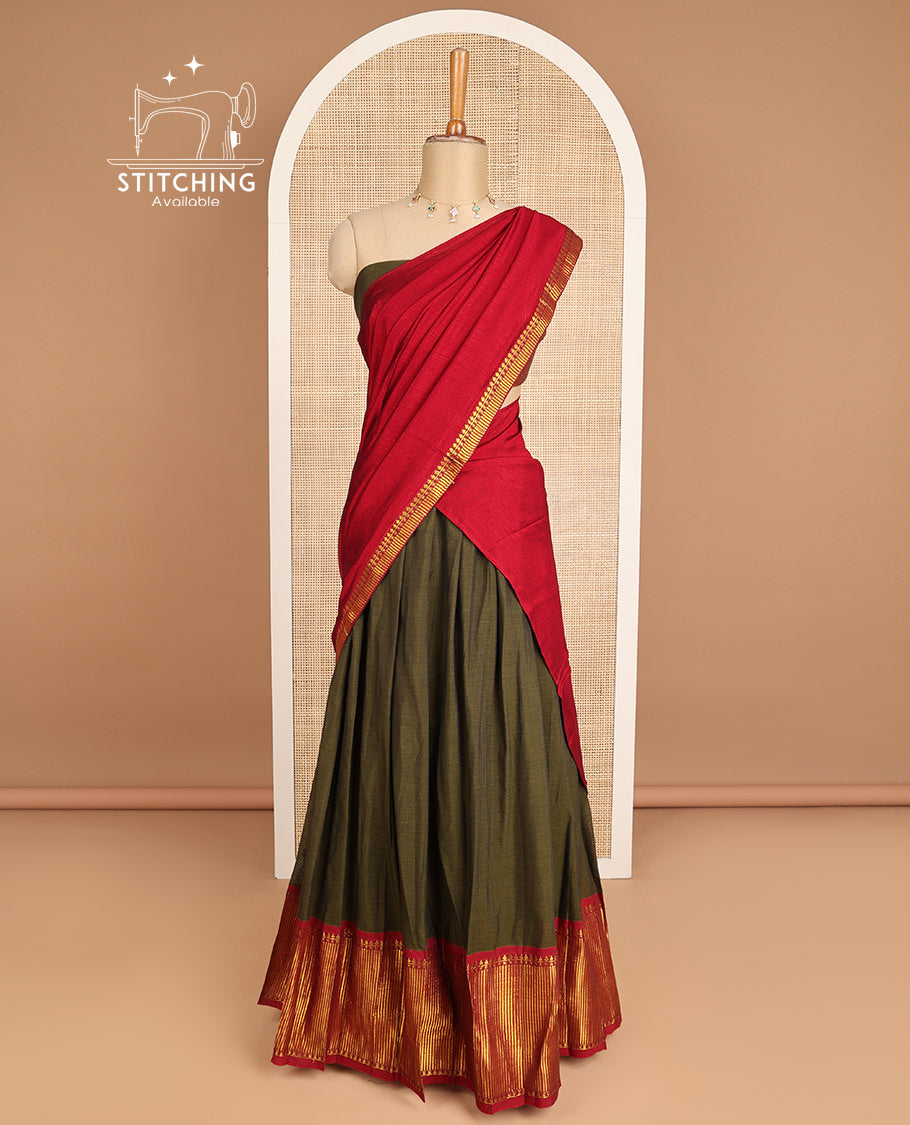 Green zari design cotton half saree with zari design blouse and intricate zari design border dhavani