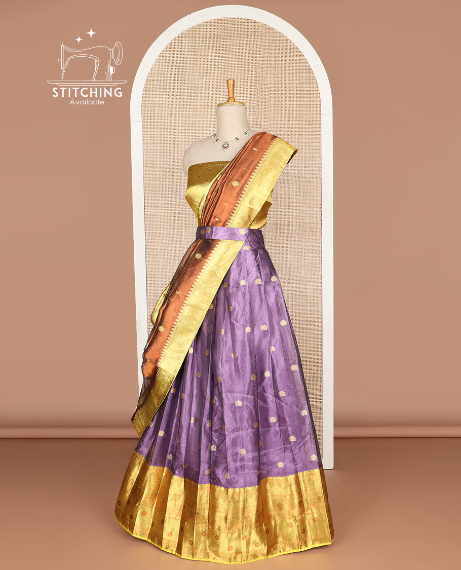 Purple buttas tissue half saree with contrast zari design border, floral design blouse & floral design dhavani