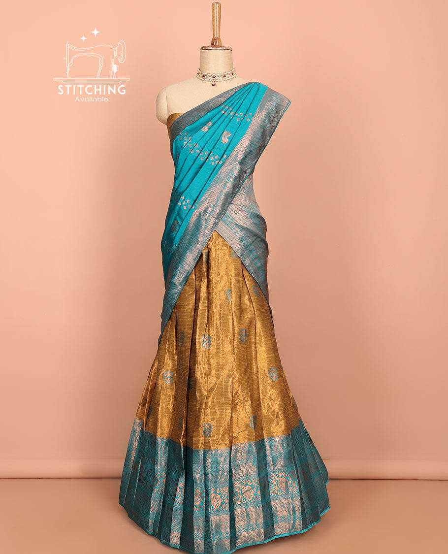Mustard buttas art silk half saree, contrast traditional design border, zari design blouse & intricate dhavani