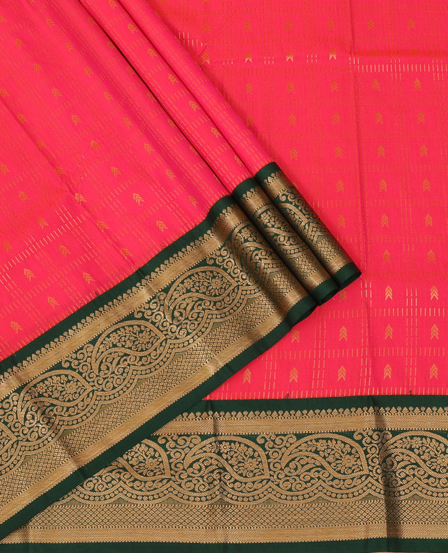 Pink Art Silk Pavadai Material Set, Beautified with Zari Butta Enclosed Checks All Over the Skirt, Complemented by a Contrast Paisley Zari Border, and Paired with a Contrast Blouse