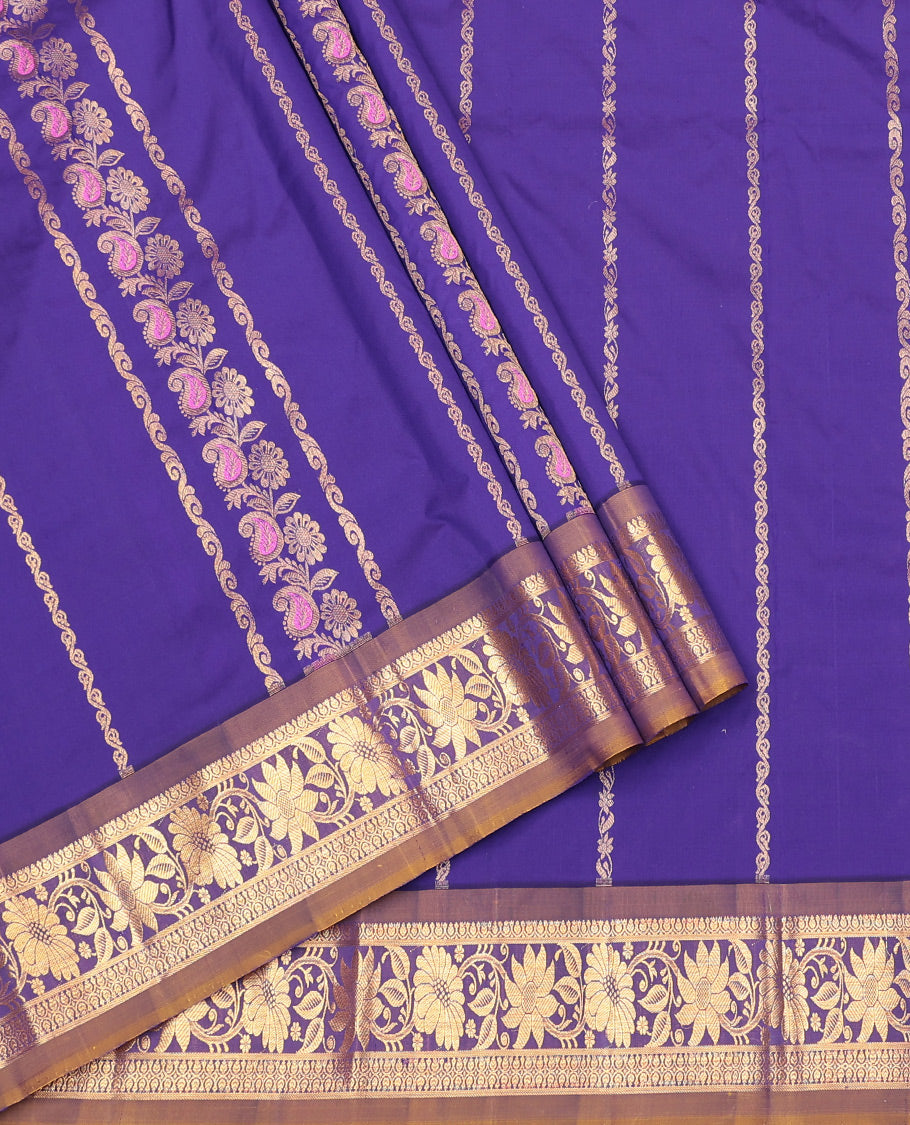 Violet Art Silk Pavadai Material Set, Graced with Zari Designs on Its Skirt, Complemented by a Contrast Floral Zari Border, and a Matching Blouse