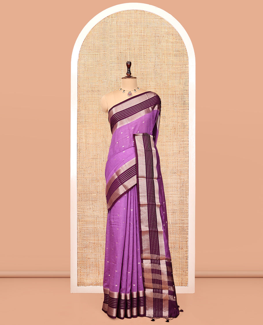Light Purple Assam Silk Saree, Embellished with Zari Buttas, Complemented by a Contrast Traditional Zari Border, Striped Pallu, and a Contrast Blouse