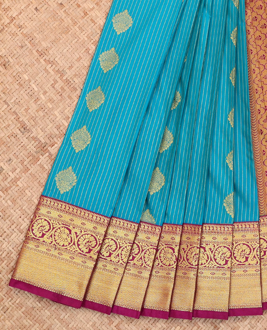 Blue Budget Silk Saree, Embellished with Zari Buttas and Stripes All Over Its Body, Complemented by a Contrast Traditional Zari Design Border, Grand Pallu, and Paired with a Contrast Blouse