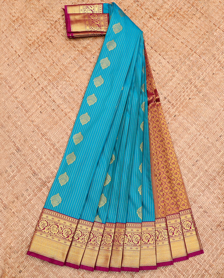 Blue Budget Silk Saree, Embellished with Zari Buttas and Stripes All Over Its Body, Complemented by a Contrast Traditional Zari Design Border, Grand Pallu, and Paired with a Contrast Blouse