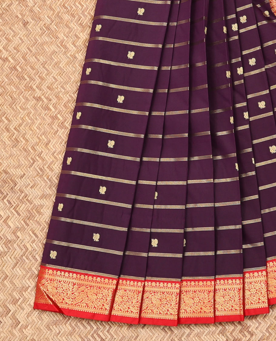 Lavender Budget Silk Saree, Finely Crafted with Zari Buttas and Zari Stripes on Its Body, Complemented by a Contrast Peacock Zari Design Border, Grand Jaal Pallu, and Paired with a Contrast Blouse
