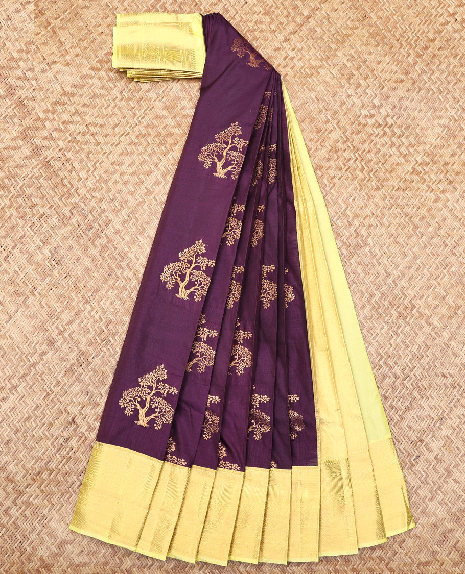 Purple Budget Silk Saree, Elevated with Tree Zari Buttas, Complemented by a Contrast Traditional Zari Border, Sparsely Threaded Pallu, and a Contrast Blouse